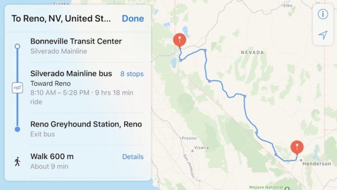 Las Vegas a část Nevady již podporuje Dopravu v Apple Maps