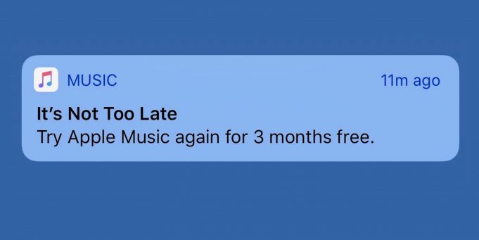Apple zasílá oznámení uživatelům a nabízí vyzkoušení Apple Music na 3 měsíce zdarma