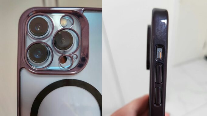 Porovnání pouzdra pro iPhone 14 Pro ukazuje širší průměr čoček zadního fotoaparátu