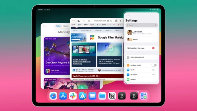 Apple v iPadOS 26.2 dále vylepšuje Slide Over. Multitasking se vrací k ovládání známému z iPadOS 18