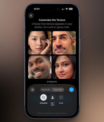 Nové ovládací prvky „Textura“ a „Zrnitost“ jsou k dispozici jenom na iPhonu 18 Pro, Pro Max a iPhonu Duo